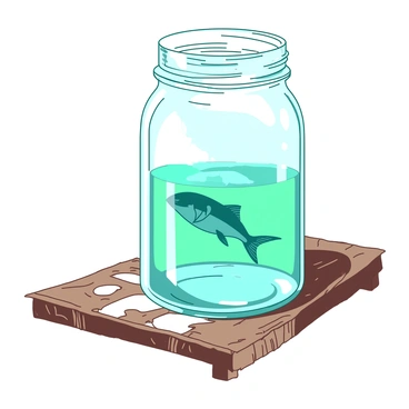 A small teal minnow is gracefully swimming inside a clear glass jar filled with fresh water. The jar is placed on a rustic wooden table, showcasing the natural grain and texture of the wood. Sunlight filters through the glass, casting soft reflections on the surface of the table. The water inside the jar is crystal clear, allowing a view of the minnow's delicate fins as it moves.