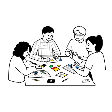 A group of four friends sitting around a wooden table, engaged in creating scrapbooks. One friend, a woman with curly hair wearing a sweater, is gluing pictures into her scrapbook while smiling. Another friend, a man with glasses and a plaid shirt, is cutting colorful paper with scissors. A third friend, a woman with straight hair in a ponytail, is discussing ideas while holding a pen. The fourth friend, a man wearing a t-shirt, is arranging stickers and embellishments. Various scrapbooking materials, such as patterned paper, scissors, and adhesive, are spread across the table.