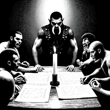 An orc strategist with green skin and prominent tusks stands at the head of a large wooden table covered with maps and battle plans. He is wearing a dark leather tunic adorned with metal studs. Around the table, a group of orcs, each with varying features such as bared teeth and muscular builds, are attentively studying the maps. Some of the orcs have tattoos on their arms, while others are equipped with primitive weapons. The atmosphere is tense, as they discuss their tactics for the upcoming battle. A large candle flickers in the center, casting shadows on their determined faces.
