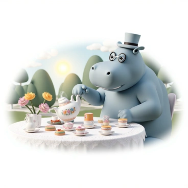 A sophisticated hippopotamus, wearing a monocle and a small top hat, is hosting a tea party. The hippopotamus is elegantly seated at a beautifully set table adorned with a lace tablecloth. Intricately designed fine china cups are arranged on the table, and the hippopotamus is gracefully pouring steaming tea from an ornate teapot into these cups. Colorful tea pastries and finger sandwiches are placed around the teapot, while flowers in a vase add a touch of charm to the setting. Sunlight gently filters through nearby trees, highlighting the scene.