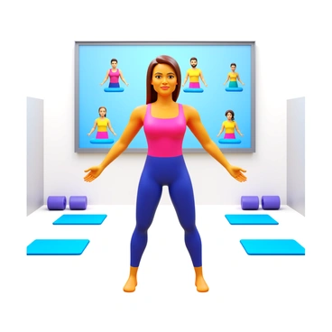 A fitness instructor standing in a bright, well-lit room, demonstrating "arm circles" with an energetic pose. The instructor has a focused expression, wearing a fitted workout outfit in vibrant colors. In the background, there is a large screen displaying virtual class participants, each following along with the instructor's movements. The instructor's arms are extended out to the sides, showcasing the circular motion. The space is equipped with fitness equipment, such as dumbbells and yoga mats, arranged neatly around the instructor.