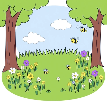 A sunlit glade in the forest with tall, green grass and scattered patches of vibrant wildflowers in various colors, including yellow, purple, and white. Small, fluffy clouds drift across a bright blue sky. Bees are busy buzzing around the wildflowers, collecting nectar. Tall trees with lush green leaves surround the glade, their trunks sturdy and rough in texture. Sunlight filters through the branches, creating dappled light on the forest floor.