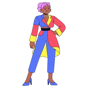 A fashion model is standing in a dynamic pose. The model is wearing avant-garde attire that features bold geometric shapes and dramatic lines. The outfit has a mix of vibrant colors, including reds, blues, and yellows, creating a striking visual impact. The model has a confident expression and is positioned against a simple backdrop, highlighting the uniqueness of the outfit. The model's hair is styled in an unconventional manner, adding to the overall avant-garde aesthetic.