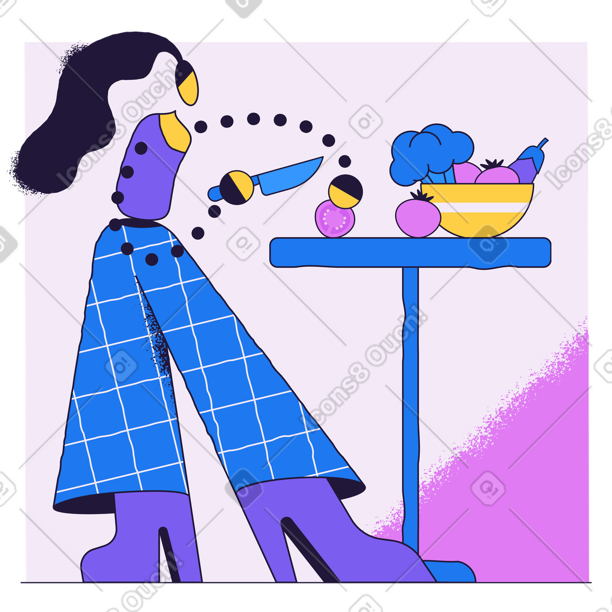 Ilustração de Mulher cortando legumes para cozinhar em no estilo Conifer baixar em PNG, SVG