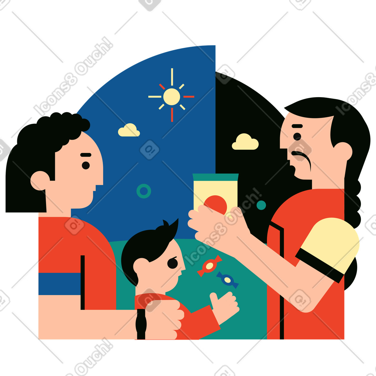 Ilustración Dos hombres pasan tiempo al aire libre con su hijo. en estilo Polar a descargar en PNG y SVG