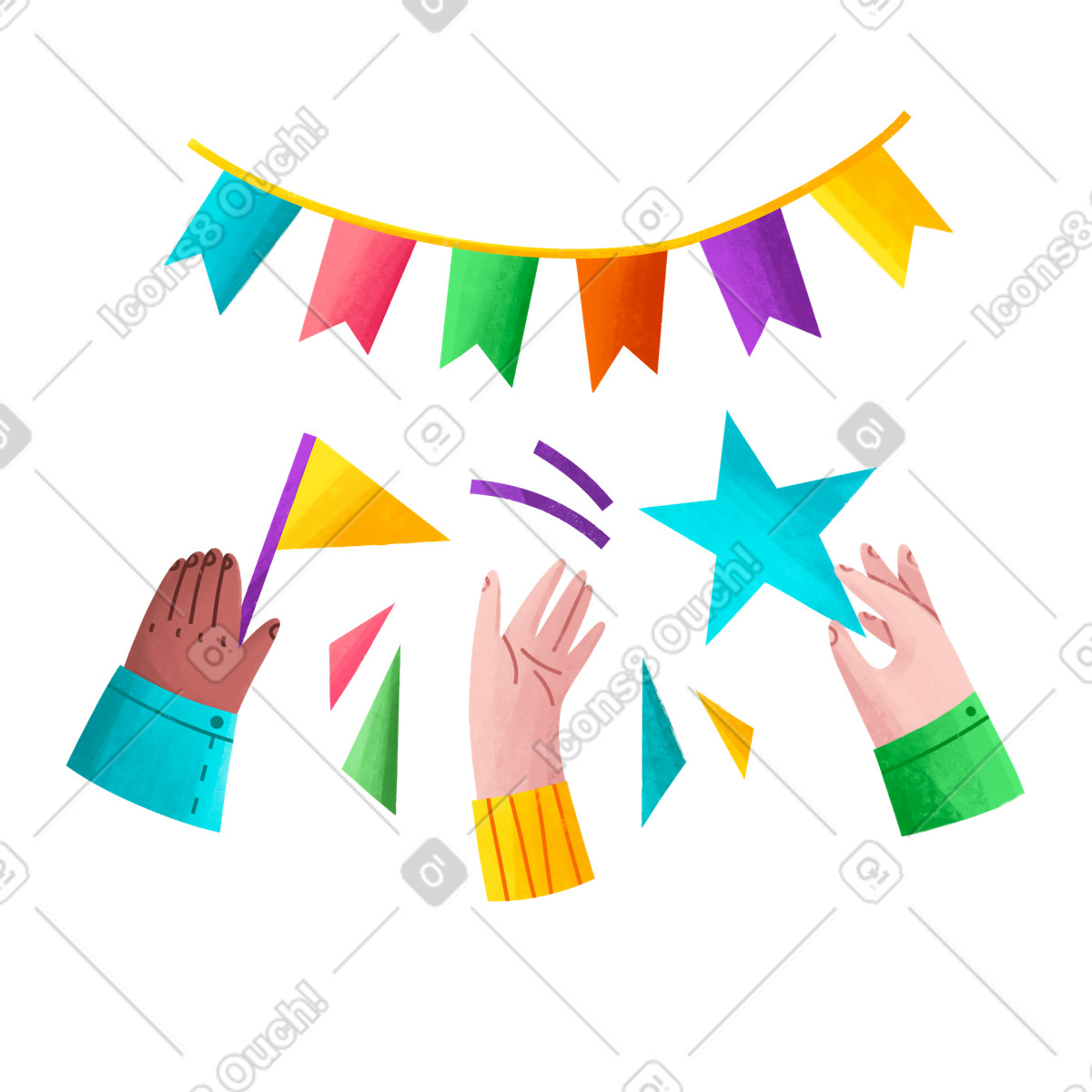 Bandiere festive e mani decorate illustrazione in stile Bonbon scarica in PNG, SVG