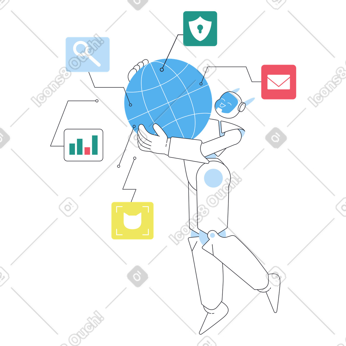 AI robot with globe and app symbols, Artificial intelligence in global technology animated illustration Boba style download GIF, Lottie (JSON), AE