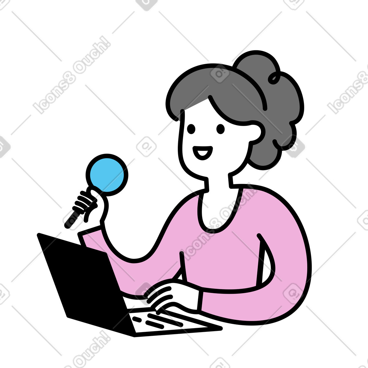 Woman searching for info on laptop with magnifying glass illustration in Mochi style download in PNG, SVG