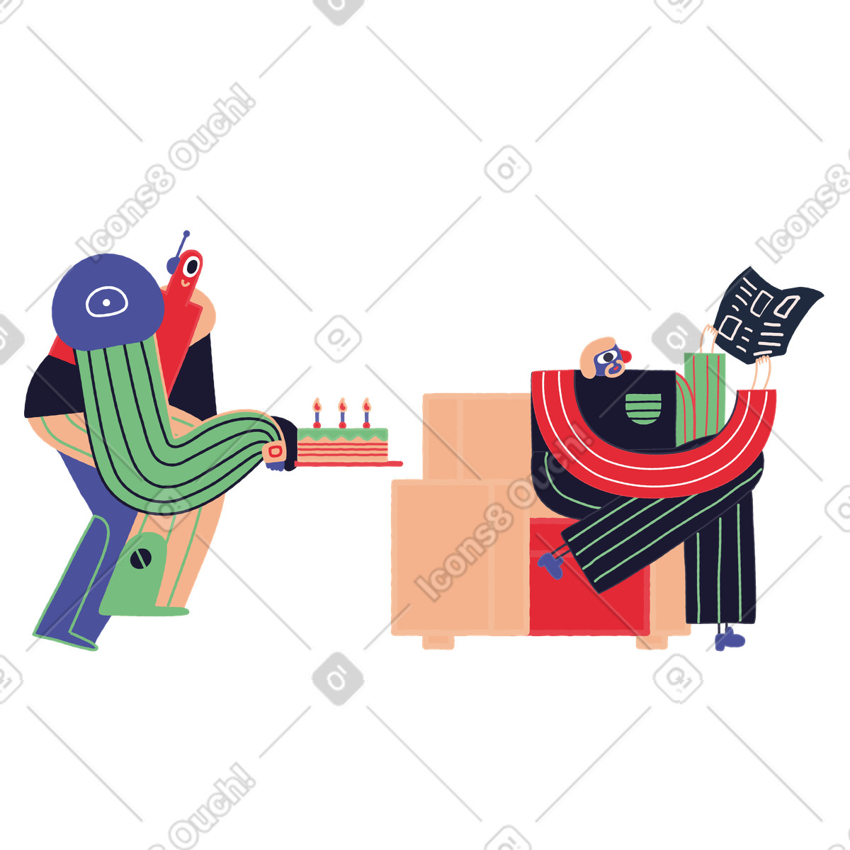 下载 Stripy 风格的 角色拿着生日蛋糕作为生日惊喜 插画，支持 PNG、SVG 格式
