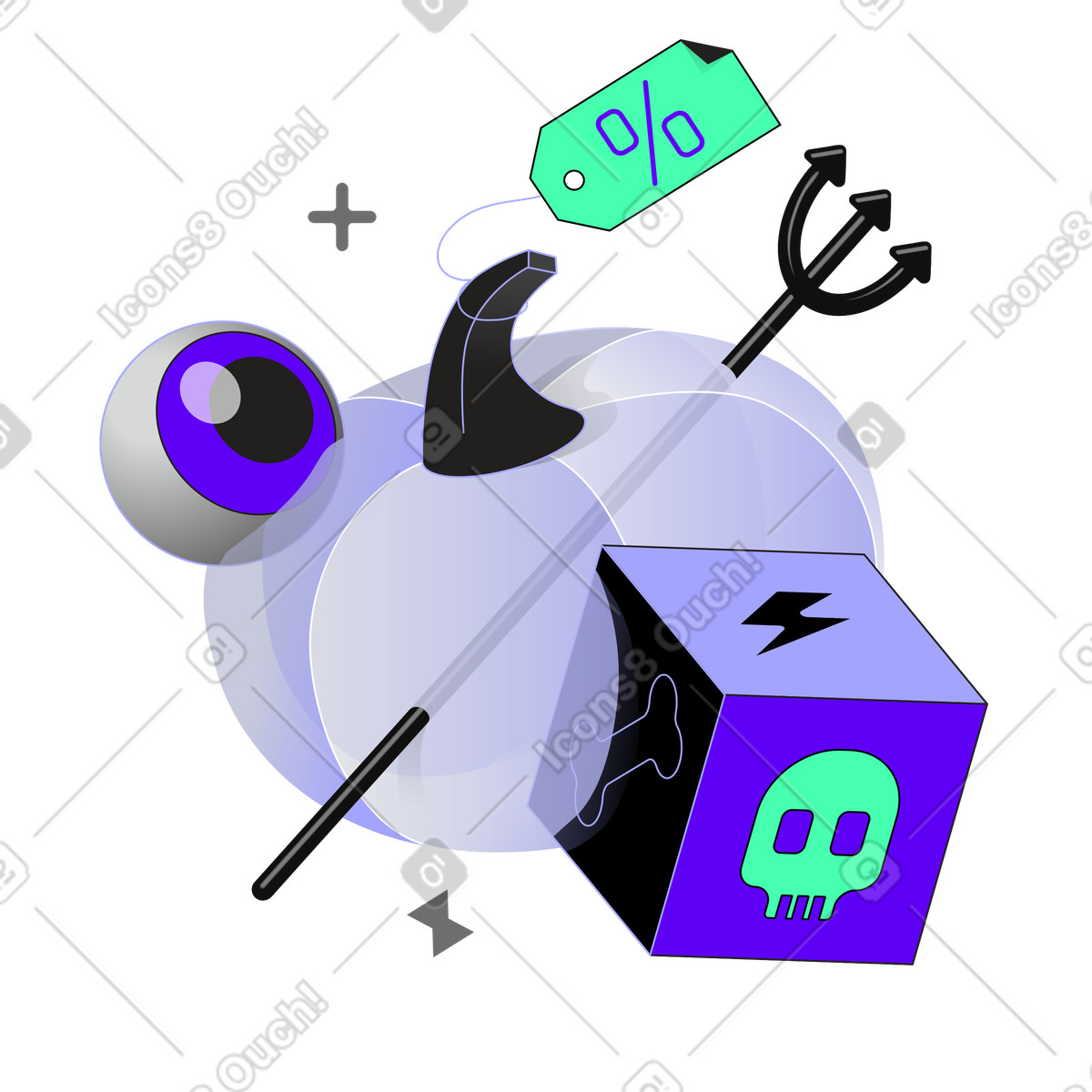 Ilustração de Venda halloween com abóbora e tridente do diabo em no estilo Incut para baixar em PNG, SVG