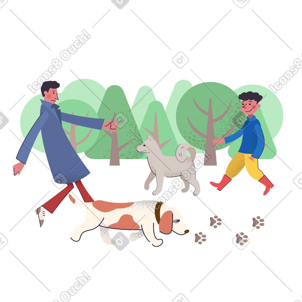 Pale 스타일의 공원에서 개를 산책시키는 사람들 일러스트레이션 PNG, SVG 다운로드