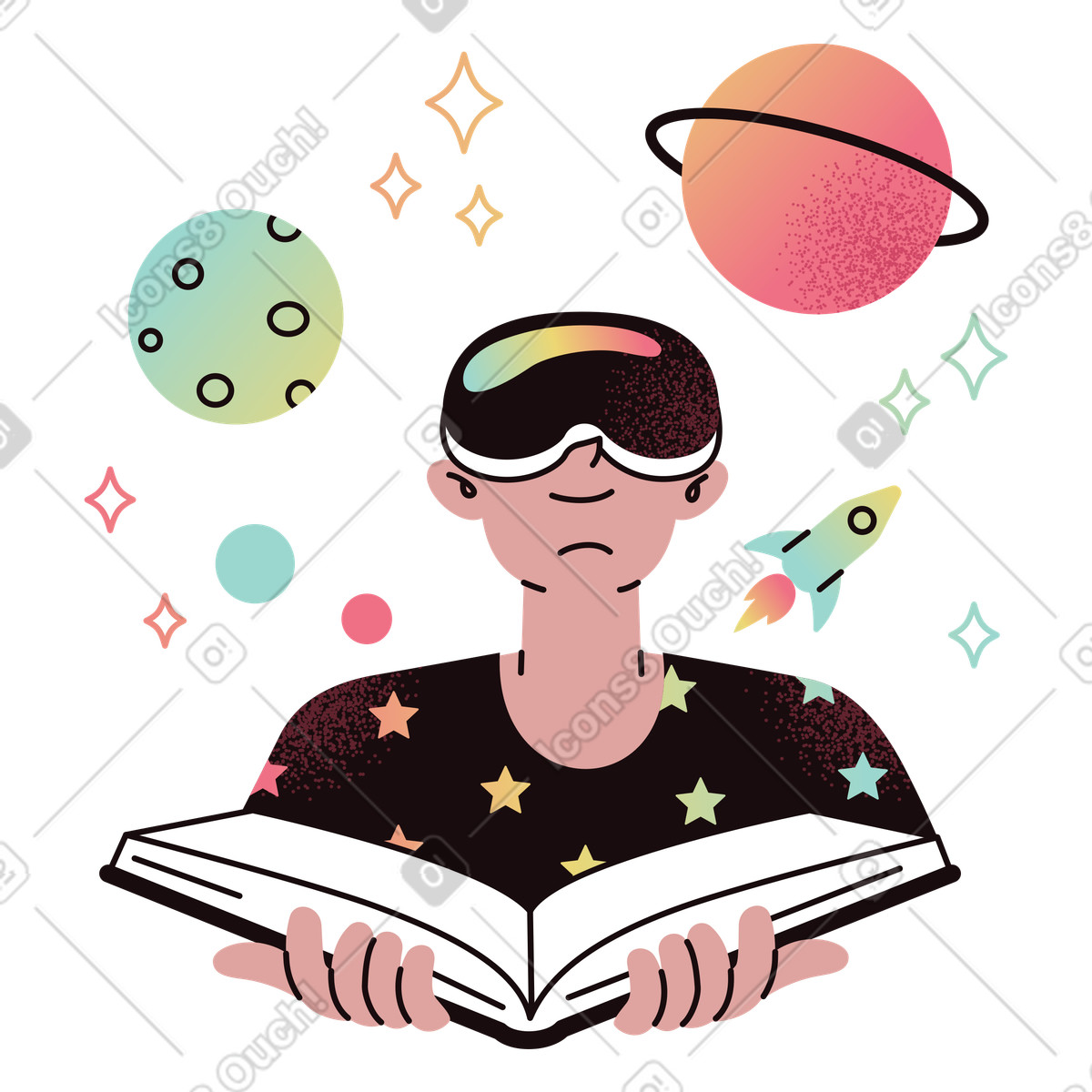 Student wearing VR headset with open book, Immersive education and learning illustration in Delight style download in PNG, SVG