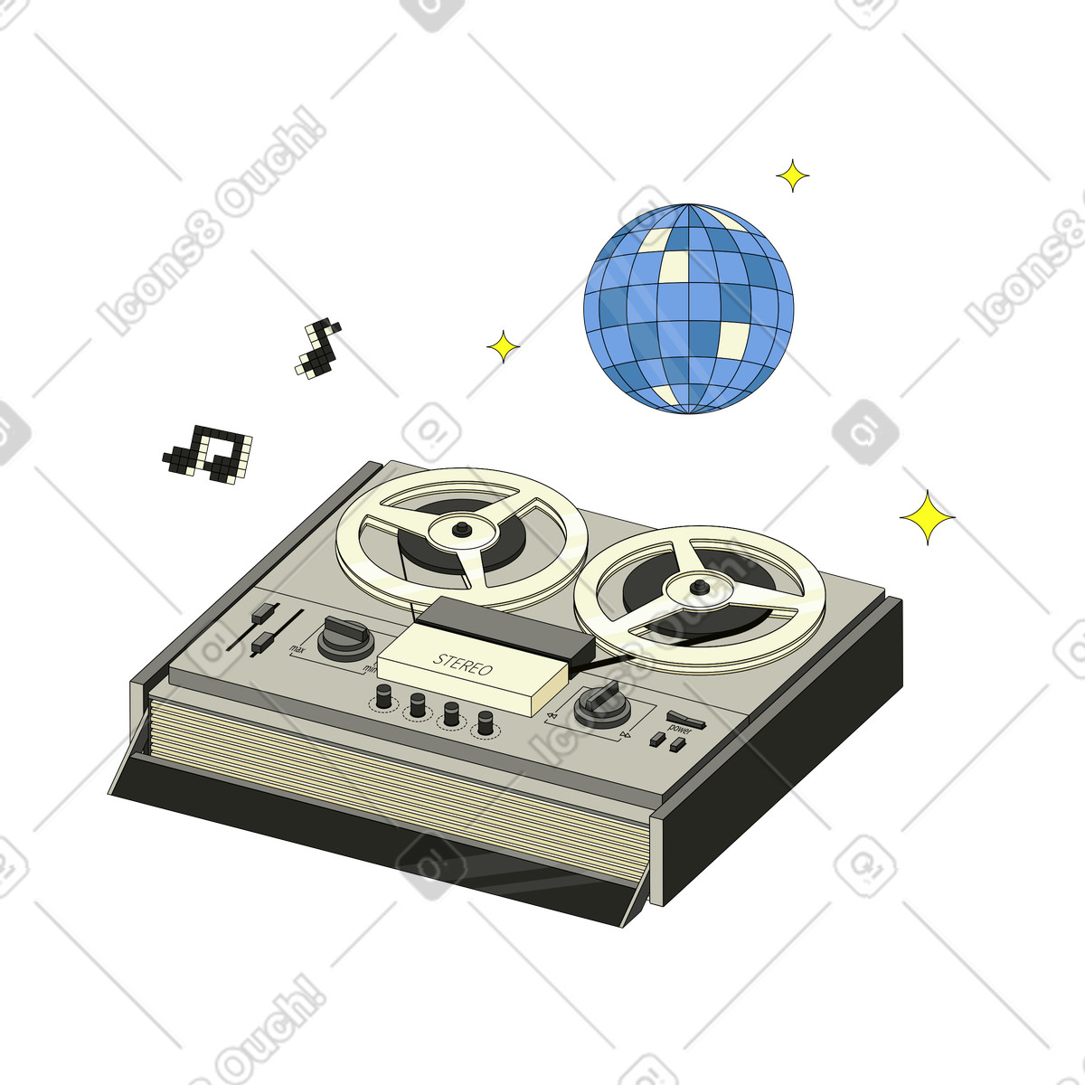 Retro スタイルの レトロなオープンリールテープレコーダーとミラーボール のアニメーションイラストをGIF、Lottie (JSON)、AEでダウンロード