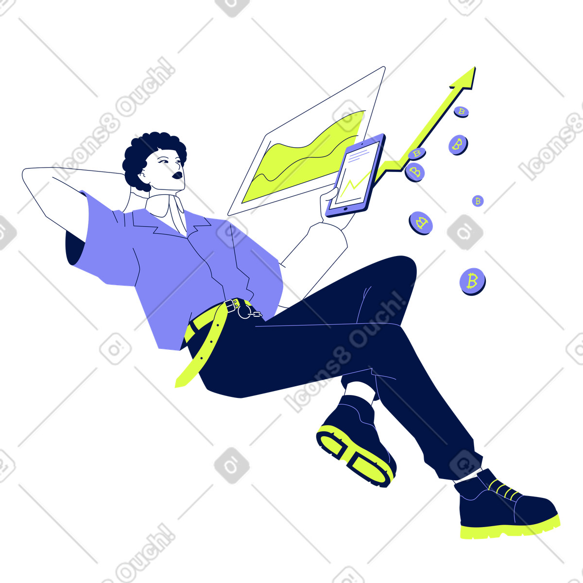 Glow スタイルの Relaxed investor monitoring profits, Online crypto trading のイラストをPNG、SVG形式でダウンロード