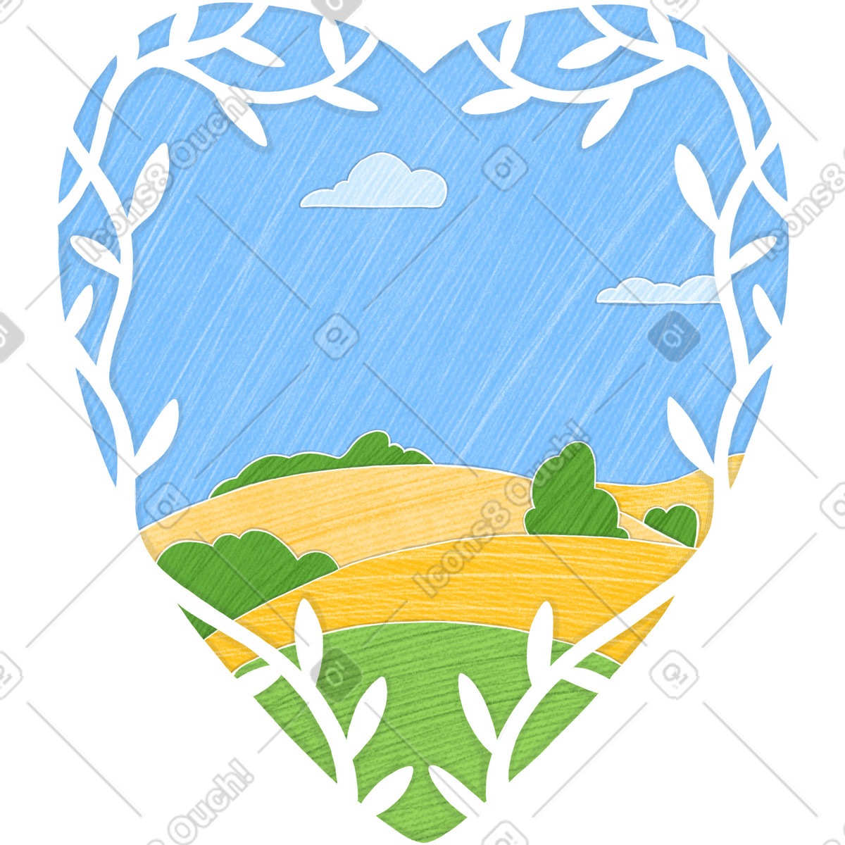 Yellow field and blue sky framed in a heart-shaped floral frame illustration Crafty style download PNG, SVG