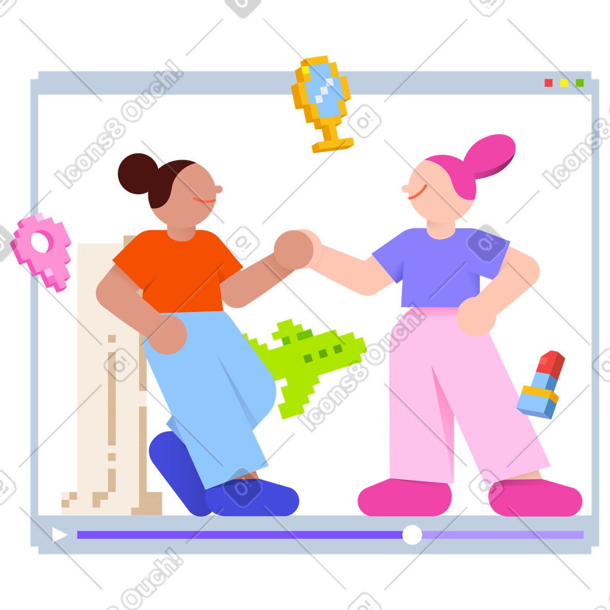 Due blogger donne che collaborano illustrazione in stile 8bit scarica in PNG, SVG