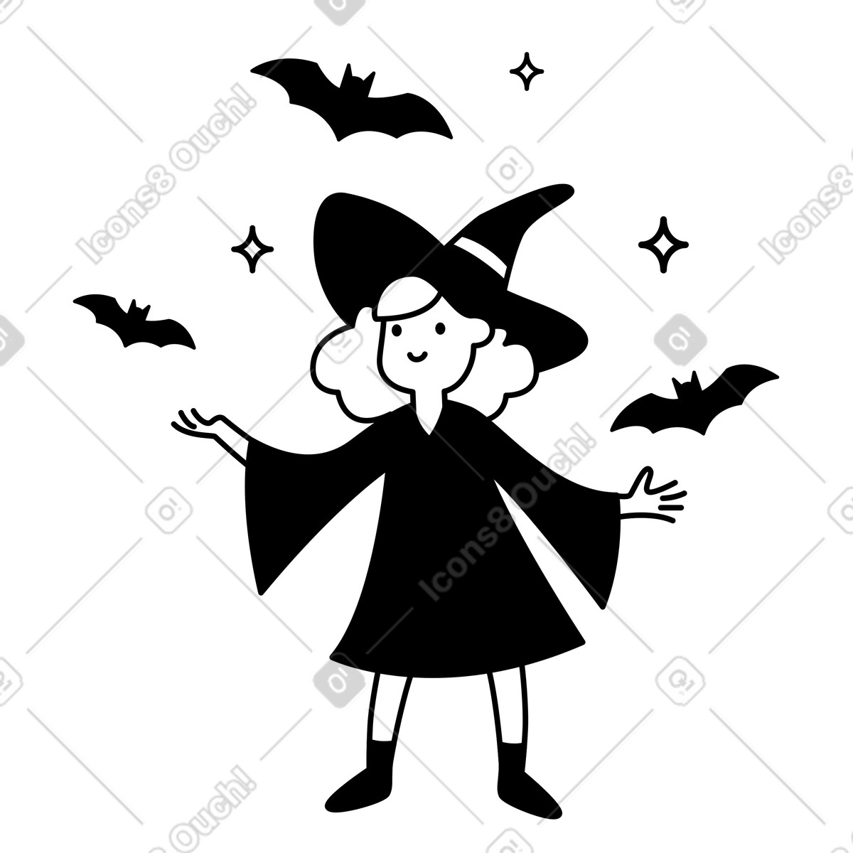 Character smiling with open arms and sparkling decorative stars around illustrazione in stile Notion Line Art scarica in PNG, SVG