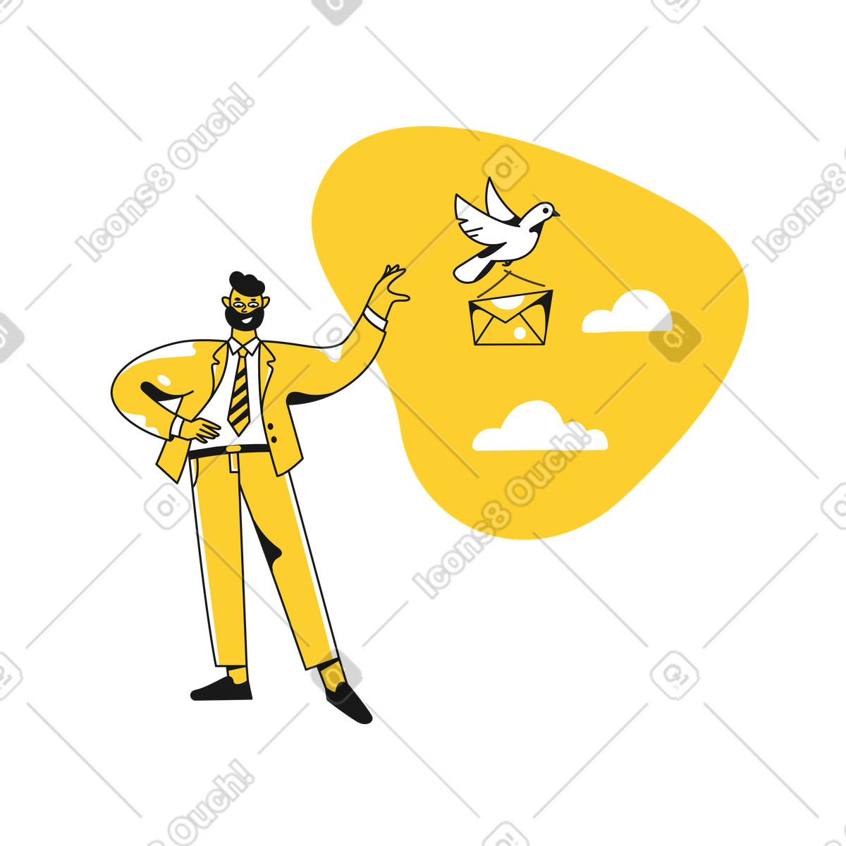 Taxi 스타일의 Office worker releasing dove with envelope, Pigeon mail and business correspondence 애니메이션 일러스트레이션 GIF, Lottie(JSON), AE로 다운로드