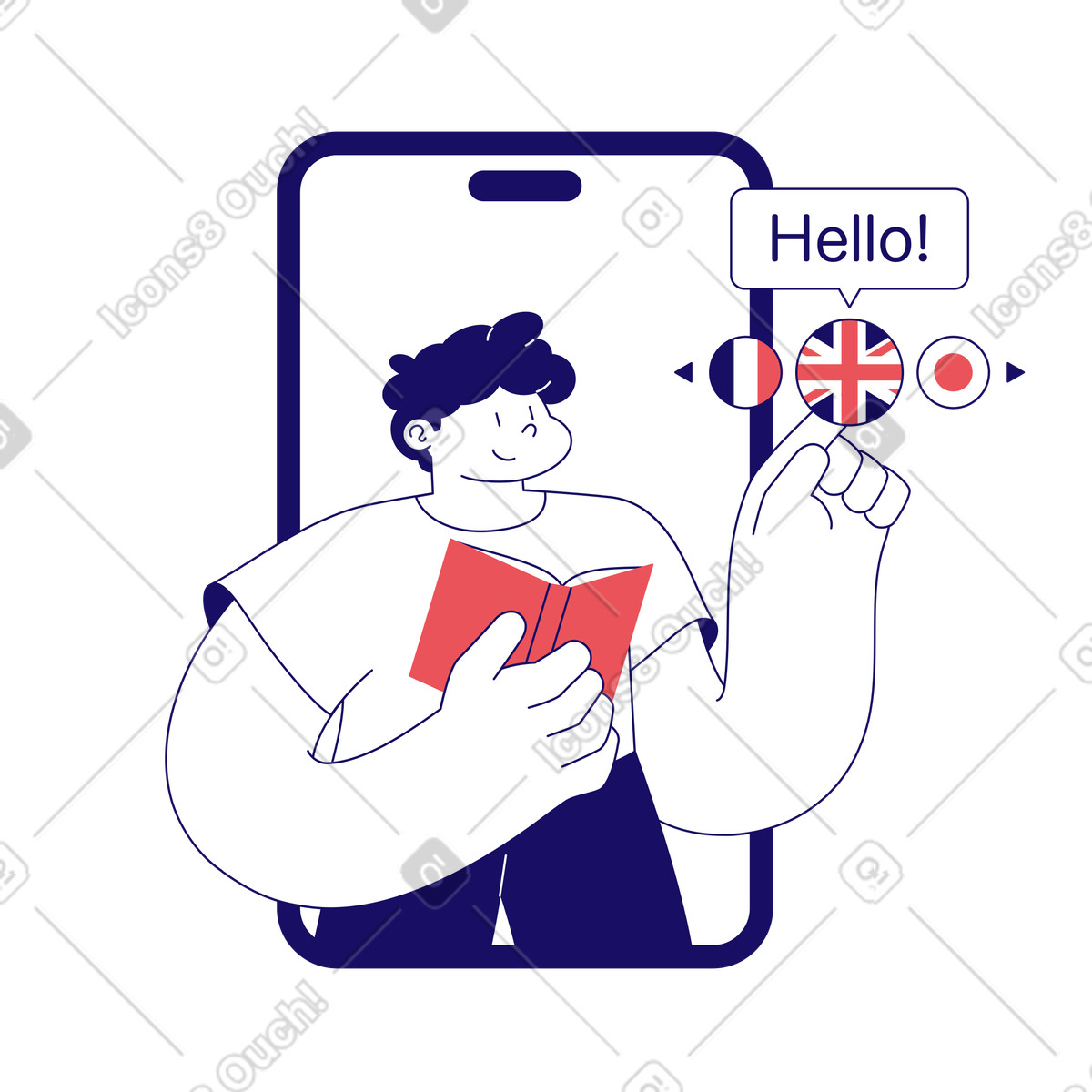 Language learning in mobile app animated illustration in Bendy style download in GIF, Lottie (JSON), AE