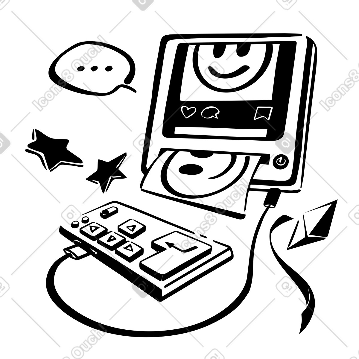 Photo printer with smiley face post for social media engagement illustration in Line style download in PNG, SVG