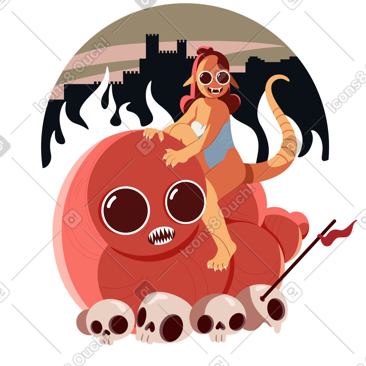 Mitico guerriero di halloween su un enorme mostro illustrazione in stile Experimental scarica in PNG, SVG