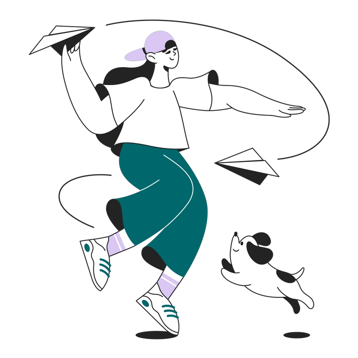 A person dancing with paper airplanes and a dog - Sammy Line style illustration