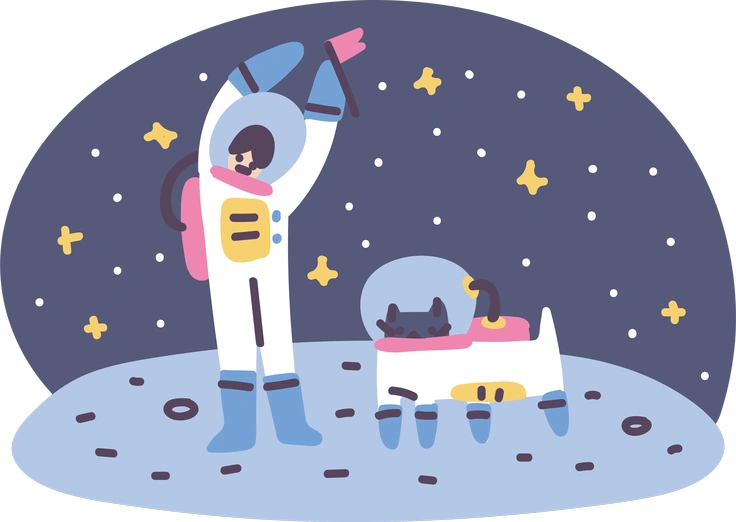 An astronaut waving next to a space vehicle - Pluto style illustration