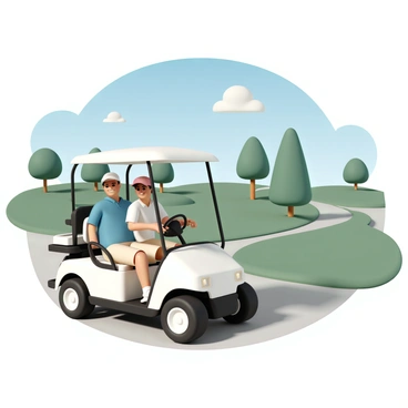 A golf cart, painted in bright white, is driving along a winding path on a lush green golf course. The cart is carrying two golfers, one wearing a blue polo shirt and beige shorts, and the other in a red cap and white golf attire. The golfers are smiling and chatting as they enjoy their ride. In the background, there are perfectly manicured grass fairways and tall trees lining the course, with a clear blue sky overhead. The sun casts soft shadows, enhancing the vibrant colors of the scene.