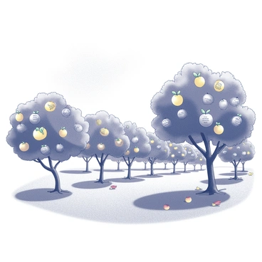 An orchard filled with rows of fruit trees, each tree stands tall and healthy. The branches are laden with different types of fruit, each one uniquely shaped and marked with various philosophical symbols. The ground is covered with a soft, grassy carpet, and some fallen fruit rests beneath the trees. In the background, a gentle breeze sways the branches, creating a serene atmosphere. The sky above is clear, allowing for natural light to illuminate the scene.