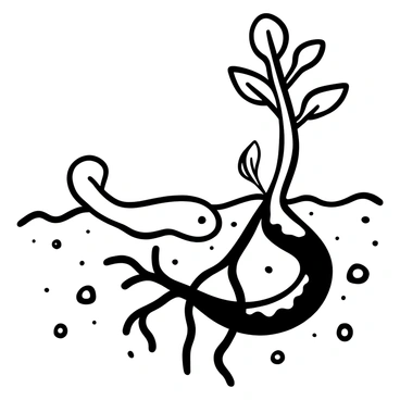 A nematode wriggling through the soil with its elongated body and smooth texture, positioned near the roots of a plant. The roots are depicted as intricate and branching structures extending deeply into the soil. Surrounding the nematode, small particles of soil are shown to highlight the interaction. The plant itself has several leaves emerging from the soil surface, indicating healthy growth and vigor. The composition emphasizes the connection between the nematode and the roots, illustrating the dynamic relationship in a detailed manner.