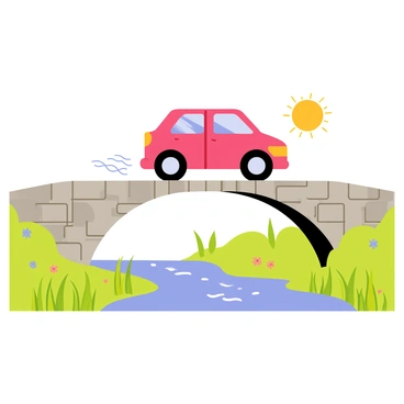 A bright red car is driving across a quaint stone bridge. The bridge has an arched design with grey stones, blending naturally with its surroundings. Below the bridge, a gentle stream flows with clear water, creating small ripples. Lush green grass and colorful wildflowers grow along the banks of the stream, adding vibrancy to the scene. The sun shines down, casting soft shadows on the bridge and the water, enhancing the picturesque quality of the setting.