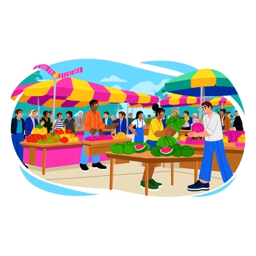 A bustling market scene filled with colorful stalls and a variety of goods on display. The market is crowded with people, some are shopping while others are chatting. Brightly colored fruits and vegetables are piled high on wooden tables. A vendor is handing a ripe watermelon to a customer. Above the stalls, vibrant banners create a festive atmosphere. Sunlight filters through the awnings, casting playful shadows on the ground. In the background, a charming fountain adds to the lively ambiance of the market. The entire scene is captured in a lively ink sketch style, emphasizing the dynamic movement of the market.