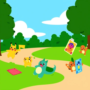 A vibrant scene features several playful Pokémon interacting with oversized playing cards in a sunny park. The Pokémon include a cheerful Pikachu with bright yellow fur, a joyful Bulbasaur with a green bulb on its back, and an energetic Charmander with a fiery tail. The oversized cards are colorful and feature different Pokémon illustrations. The park is filled with lush green grass and tall trees providing shade, while a clear blue sky with fluffy white clouds completes the cheerful atmosphere. Some Pokémon are jumping in excitement, while others are carefully examining the cards.