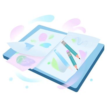 A single exam desk is positioned in the center of the image. On the desk, there are scattered sketches that display various designs and vibrant patterns. A set of colored pencils in a range of hues is placed haphazardly around the sketches. The desk surface appears polished and reflects some of the colors from the pencils. In the background, there is a subtle gradient of pastel colors that enhances the overall atmosphere of creativity.