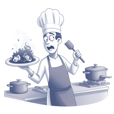 A chef stands at a kitchen counter, holding a plate with a charred dish that resembles a cartoonish disaster. The dish is blackened and smoking, with exaggerated, whimsical shapes indicating its burnt state. The chef has a surprised expression on their face, with wide eyes and a raised eyebrow, showcasing their disbelief at the state of the meal. The kitchen background features various cooking utensils and pots, some of which are in disarray. In the chef's other hand, a spatula hangs limply, emphasizing the chaos of the cooking attempt.