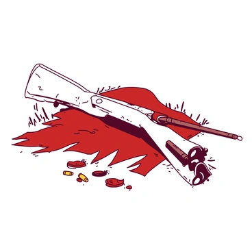 A white broken musket lies on the ground, partially buried in dirt and grass, with rusted metal parts showing signs of age. Next to it, there is a tattered red flag, frayed at the edges and faded, appearing as if it has been abandoned for years. The flag is partially wrapped around a wooden pole, and scattered around the musket and flag are various small remnants of battle, such as old bullets and bits of worn leather. The scene conveys a sense of lost history and the passage of time.