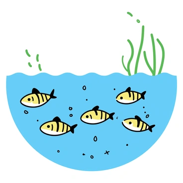 A group of zebrafish, displaying their slender bodies and characteristic stripes, swimming in a clear, blue body of water. They are actively feeding on small, tiny aquatic organisms that are visible around them, including specks of plankton and tiny insects. The background features a variety of green aquatic plants swaying gently with the water current, enhancing the natural setting. Light filters through the water, creating subtle reflections and highlights on the zebrafish as they dart around in search of food.