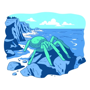 A teal tarantula is perched on a jagged rock, its legs spread wide as it gazes out over the expansive blue ocean. The shoreline is rugged, with sharp cliffs and scattered rocks creating a dramatic landscape. Waves crash against the rocks below, sending up frothy white sprays of water. In the distance, the horizon blends seamlessly into the sky, presenting a tranquil scene contrasting with the tarantula's intricate details and textures. The sun casts a warm glow over the scene, highlighting the tarantula's features as it enjoys its vantage point.