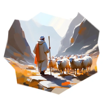 A shepherd with weathered skin and a long cloak is calmly leading his flock of sheep through a dark valley. The valley is surrounded by towering, shadowy cliffs that rise steeply on either side. A few sheep are close to the shepherd, while others wander slightly behind, their woolly bodies blending into the muted tones of the landscape. The atmosphere is still, and the faint outlines of the sheep are contrasted against the darker hues of the valley. The shepherd holds a wooden staff, guiding his flock with an air of calm assurance.