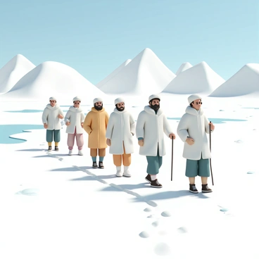 A group of nomads, wearing warm fur coats and hats, are trekking through a vast snow-covered landscape. Each nomad has distinct features, with some carrying walking sticks and others wearing boots. The snow is thick on the ground, with patches of ice glistening under the pale sunlight. In the background, snow-capped mountains rise majestically against the clear blue sky. The nomads are seen moving in a line, their footprints creating a path in the fresh snow.
