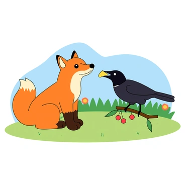 A playful fox with a bright orange coat and a fluffy tail is sitting on a grassy patch. The fox has large, friendly eyes and is looking towards a black crow perched on a low branch nearby. The crow has glossy feathers and a curious expression, and it is holding a small piece of yellow cheese in its beak. The fox has its paw extended, offering a pawful of berries as a gesture of sharing. The background features colorful flowers and a clear blue sky, enhancing the theme of friendship between the two animals.