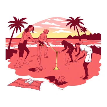 A red sandy beach is filled with several friends engaged in a limbo game. Each friend is smiling and having fun as they take turns bending backward under a yellow limbo stick. In the background, the sun is setting, casting warm hues across the sky and reflecting on the water. The waves gently lap against the shore, while a few palm trees sway lightly in the breeze. Towels and beach gear are scattered on the sand nearby, adding to the lively atmosphere of the scene.