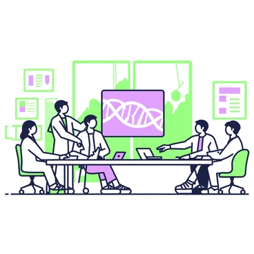 A conference room is filled with scientists engaged in a discussion about the latest findings in genome research. In the center of the room, a long rectangular table is covered with documents and notebooks. Several scientists are seated around the table, some are reviewing papers while others have laptops open in front of them. One scientist is standing at the front of the room, pointing towards a large screen displaying a complex DNA double helix structure. On the walls, there are diagrams and charts related to genetic sequencing. The room is well-lit, and there are windows letting in natural light, revealing a glimpse of the outside environment.