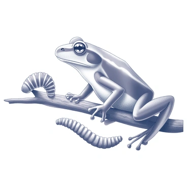 A tree frog is perched on a branch, its eyes wide and alert as it observes a caterpillar. The caterpillar is crawling along the branch, its segmented body displaying intricate patterns. The frog has distinct features, such as sticky pads on its feet and smooth skin. The branch is textured with rough bark and surrounded by foliage, enhancing the natural environment. The scene captures the moment of curiosity and interaction between the tree frog and the moving caterpillar.