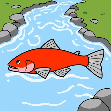 A vibrant redfish with silver scales is swimming upstream in a fast-flowing river. The fish has a streamlined body and large fins, creating ripples in the water as it moves. The river is filled with clear, rushing water, flowing over smooth stones and creating small waves. Surrounding the river are green banks lined with rocks and patches of grass. Sunlight glimmers on the surface of the water, highlighting the fish's bright red color as it swims against the current.