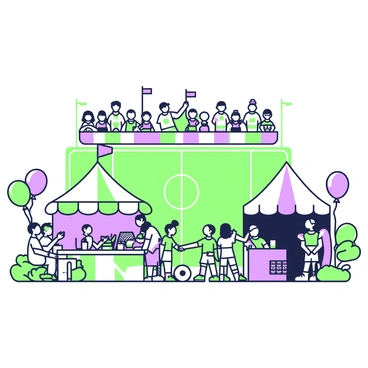 A festive soccer event is taking place in a lively atmosphere. In the foreground, several colorful tents are set up, each showcasing various activities. To the left, a food stall is serving delicious items, with people gathered around enjoying snacks and drinks. On the right side, children are playing games, with a ring toss and a small soccer goal for practice. In the background, a soccer field is marked with white lines, and teams are warming up, wearing matching uniforms. Spectators are seated on bleachers, excitedly watching the preparations. Balloons in green and purple are tied to the tents, adding to the vibrant scene.