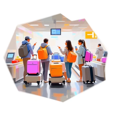 A group of travelers, consisting of individuals of various ethnicities, eagerly stands in front of a moving conveyor belt at baggage claim. They are wearing casual travel attire, with some holding small carry-on bags. The conveyor belt is lined with suitcases of different colors and styles, slowly moving past them. The travelers are leaning forward, their expressions filled with anticipation and excitement as they wait for their luggage to appear. One person is pointing excitedly at an approaching suitcase, while another is checking their phone for flight details. The environment is bright and bustling, typical of an airport setting.