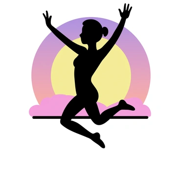 A silhouette of a dancer in mid-leap, showcasing an energetic pose. The dancer has arms extended upwards and legs outstretched, creating a sense of motion and grace. The background features a vibrant sunset with hues of orange, pink, and purple blending together, illuminating the scene. The dancer's outline is dark against the bright colors of the sky, emphasizing the dynamic movement.