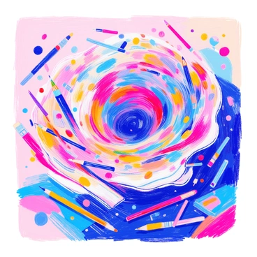 A swirling cyclone made of scattered art supplies and digital tools