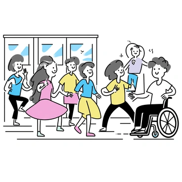 A dance studio with wooden flooring and large mirrors on the walls. A diverse group of participants is engaged in a dance class, showcasing varying levels of ability. In the foreground, a person in a wheelchair is smiling and participating actively alongside other dancers. The dancers include a mix of ages and body types, with some wearing colorful dance attire. In the background, an instructor is demonstrating a movement, guiding the participants with a supportive expression. Bright sunlight streams through the windows, illuminating the scene.